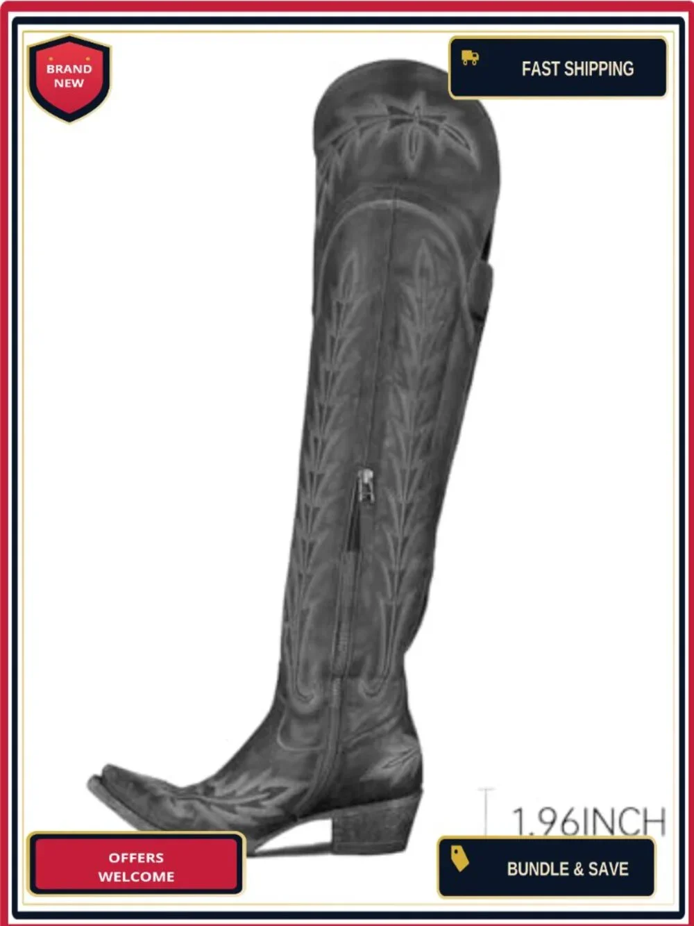 Over the Knee Cowboy Boots Women Embroidered Chunky Heel Side Zipper PU Leather